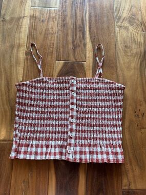 Zara Red and White Gingham Smocked Button-Front Cami